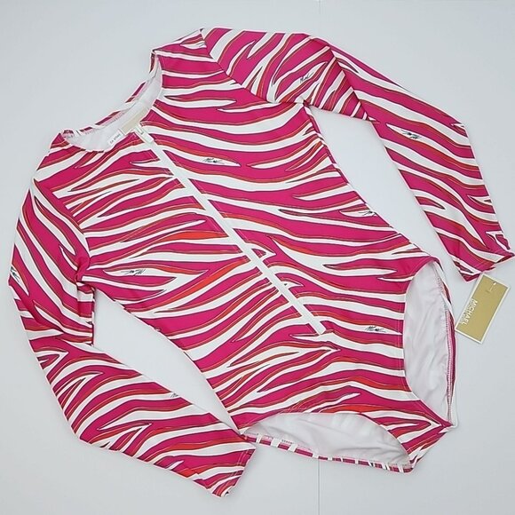 NWT Michael Kors One Piece Long Sleeves Swimsuit Electric Pink Animal Print Sz 8 - Picture 15 of 16